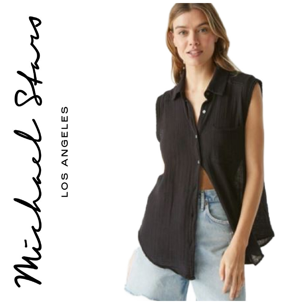 Michael Stars Monique Sz XS Black Sleeveless Double Gauze Button Front Blouse